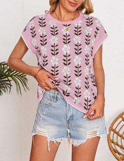 Foto 3 | Camiseta Zesica Para Mujer, Estampado De Verano, Manga Corta, Cuello Redondo, Rosa - Venta Internacional.