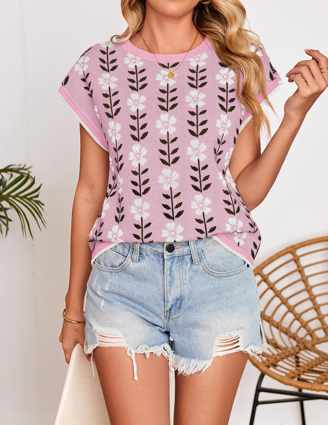 Foto 5 pulgar | Camiseta Zesica Para Mujer, Estampado De Verano, Manga Corta, Cuello Redondo, Rosa - Venta Internacional.