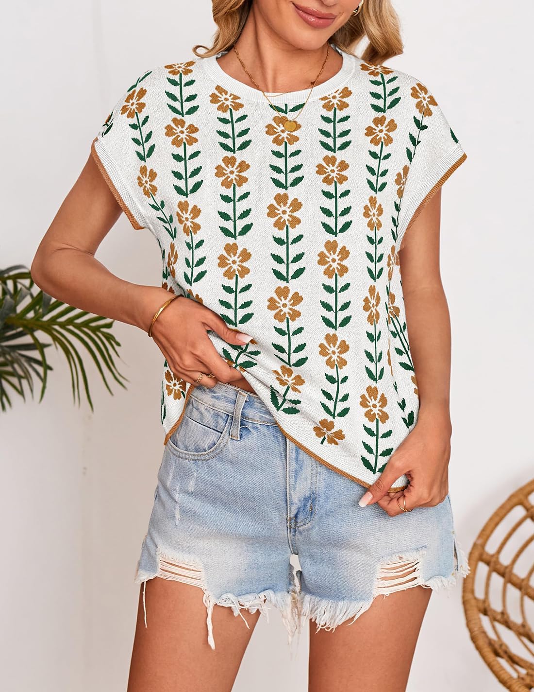 Foto 4 pulgar | Camiseta Zesica Para Mujer, Estampado De Verano, Manga Corta, Cuello Redondo, Color Blanco - Venta Internacional.