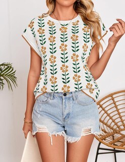 Foto 4 | Camiseta Zesica Para Mujer, Estampado De Verano, Manga Corta, Cuello Redondo, Color Blanco - Venta Internacional.