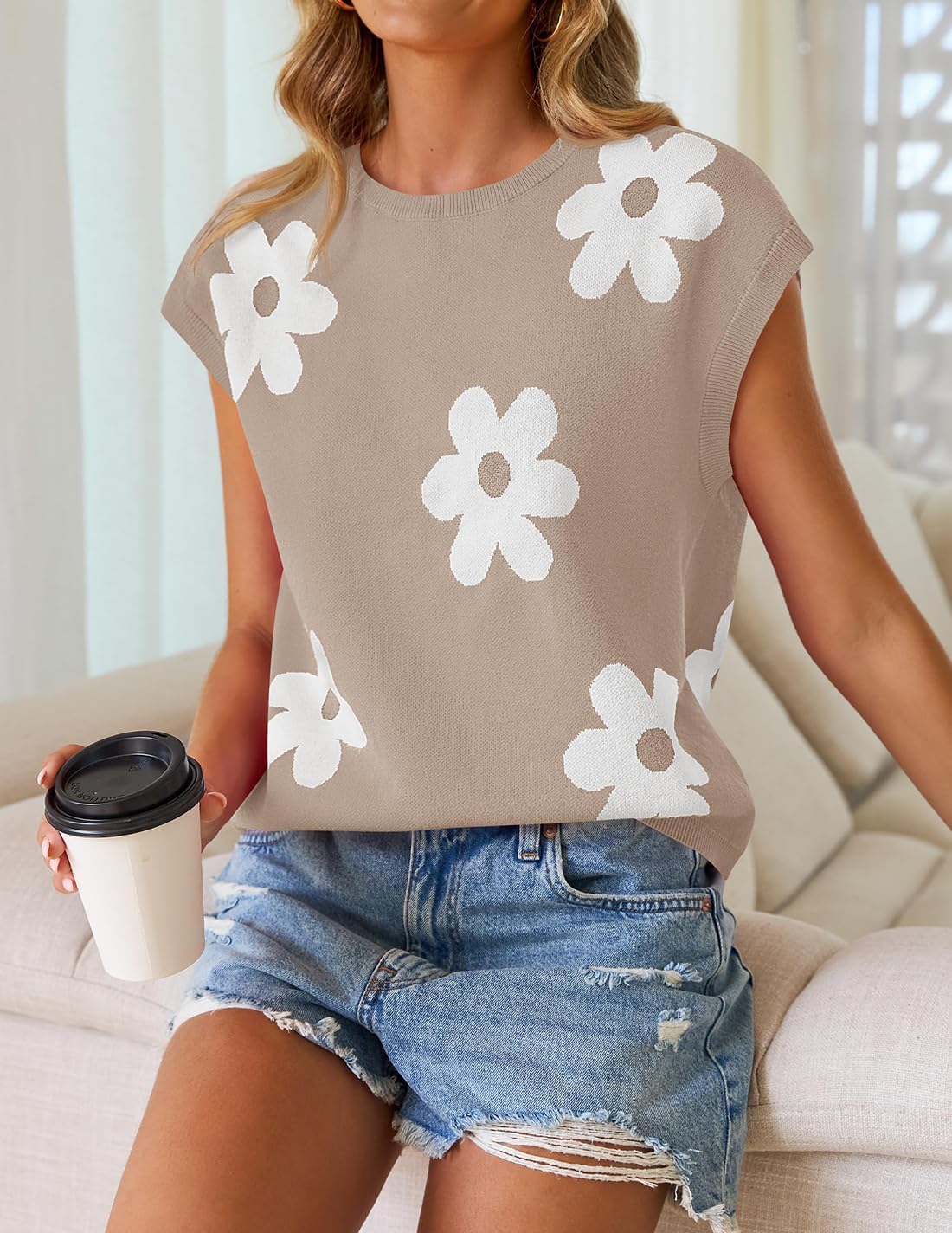 Foto 2 | Top Zesica Jersey De Punto Con Cuello Redondo Y Manga Corta Para Mujer - Venta Internacional.