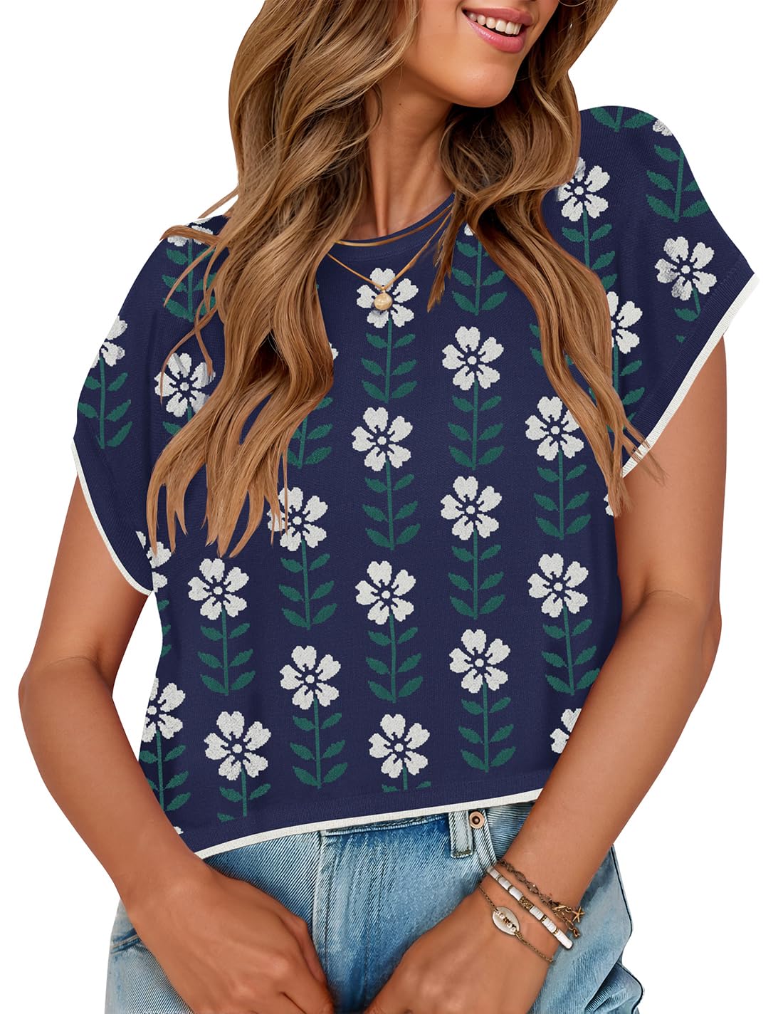 Foto 2 pulgar | Camiseta Zesica Para Mujer, Estampado De Verano, Manga Corta, Cuello Redondo, Azul Marino - Venta Internacional.