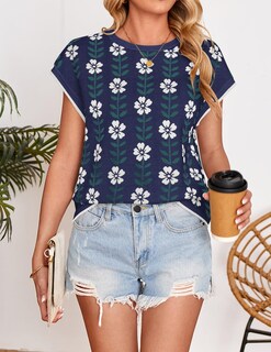 Foto 2 | Camiseta Zesica Para Mujer, Estampado De Verano, Manga Corta, Cuello Redondo, Azul Marino - Venta Internacional.
