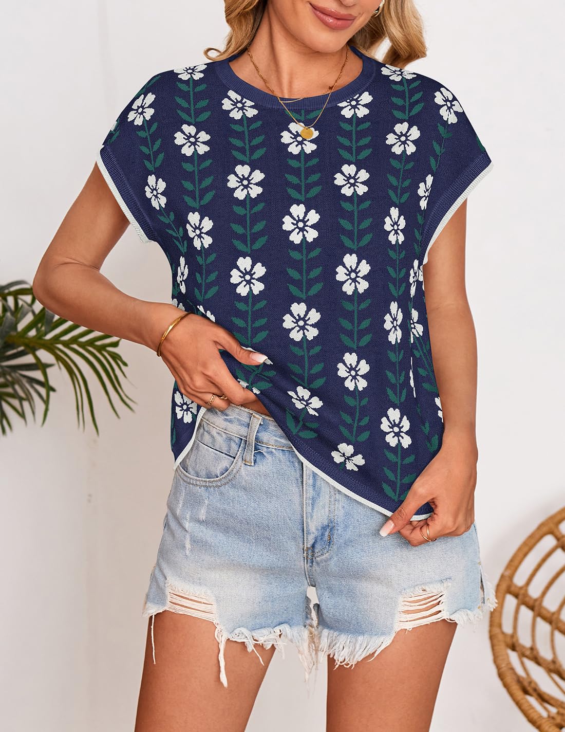 Foto 4 pulgar | Camiseta Zesica Para Mujer, Estampado De Verano, Manga Corta, Cuello Redondo, Azul Marino - Venta Internacional.