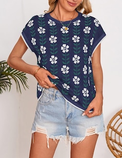 Foto 3 | Camiseta Zesica Para Mujer, Estampado De Verano, Manga Corta, Cuello Redondo, Azul Marino - Venta Internacional.