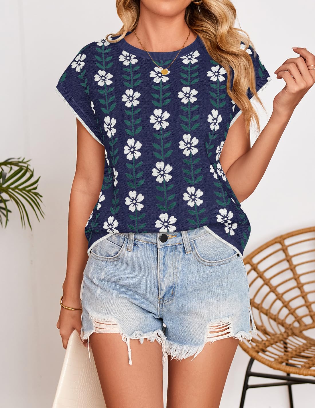 Foto 5 pulgar | Camiseta Zesica Para Mujer, Estampado De Verano, Manga Corta, Cuello Redondo, Azul Marino - Venta Internacional.