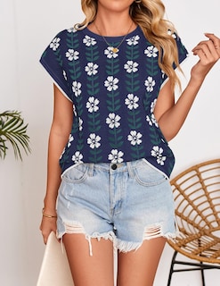 Foto 4 | Camiseta Zesica Para Mujer, Estampado De Verano, Manga Corta, Cuello Redondo, Azul Marino - Venta Internacional.