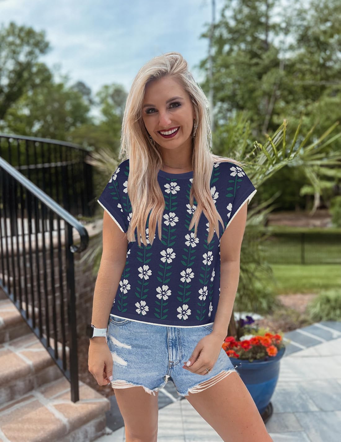 Foto 6 | Camiseta Zesica Para Mujer, Estampado De Verano, Manga Corta, Cuello Redondo, Azul Marino - Venta Internacional.