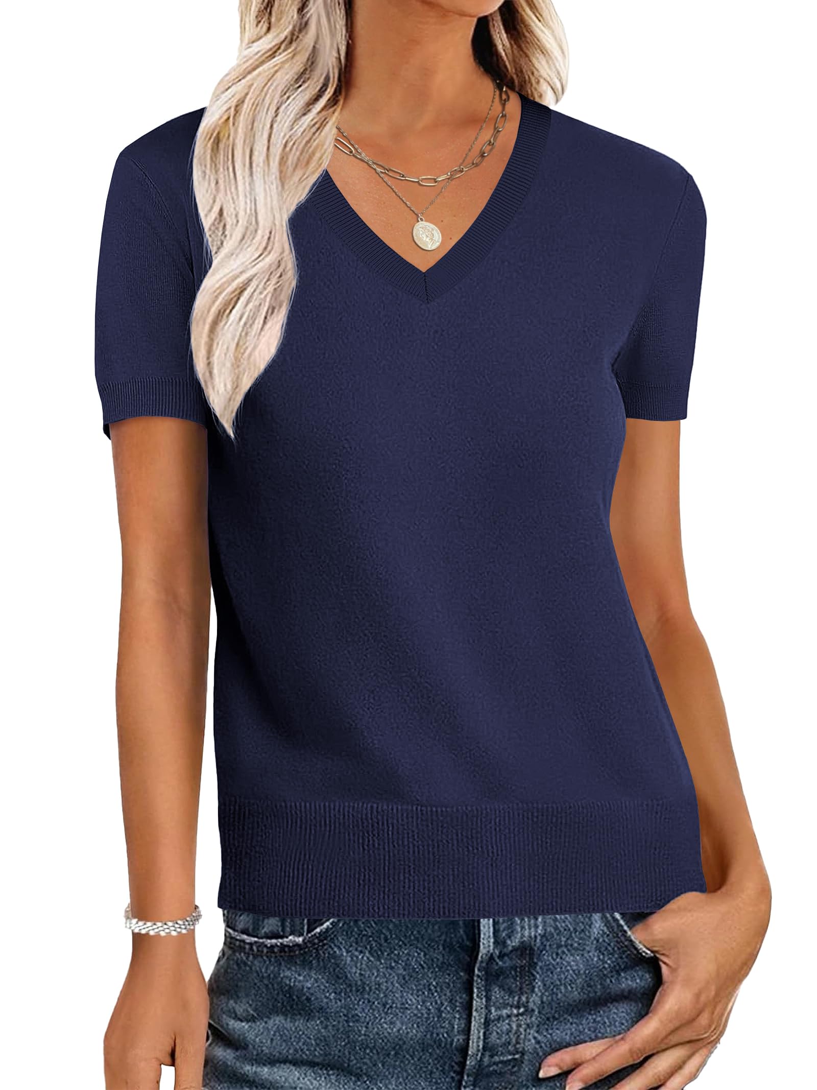 Jersey Anrabess Para Mujer, Mezcla De Lana, Cuello En V, Azul Marino - Venta Internacional.