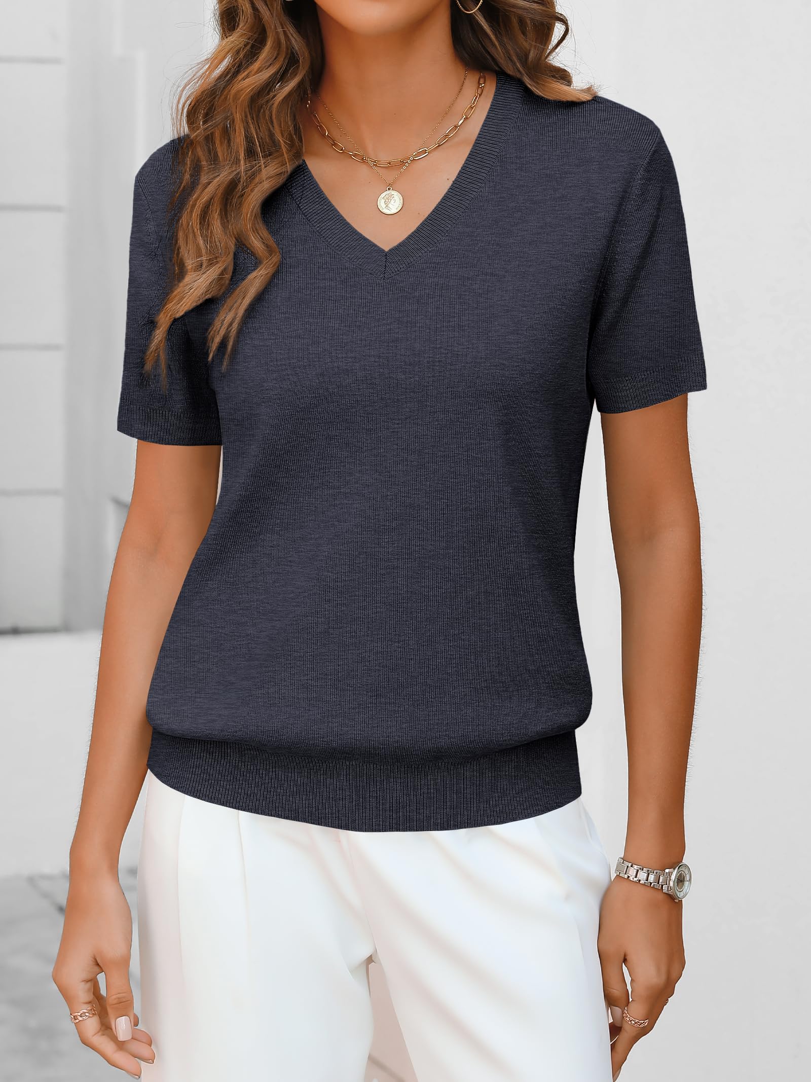 Foto 2 | Jersey Anrabess Para Mujer, Mezcla De Lana, Cuello En V, Manga Corta, Gris - Venta Internacional.