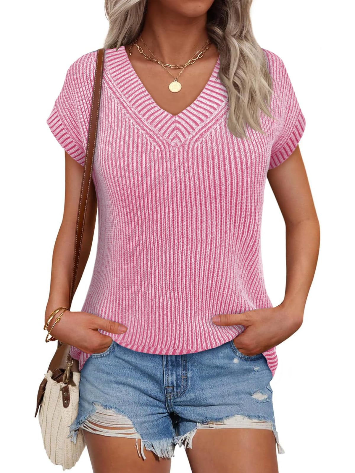 Jersey Saodimallsu Con Cuello En V Y Manga Corta Para Mujer, Color Rosa - Venta Internacional.