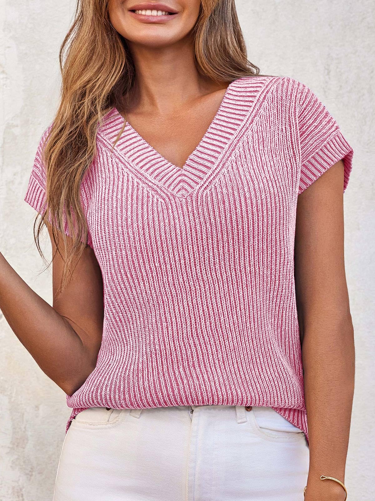 Foto 3 | Jersey Saodimallsu Con Cuello En V Y Manga Corta Para Mujer, Color Rosa - Venta Internacional.