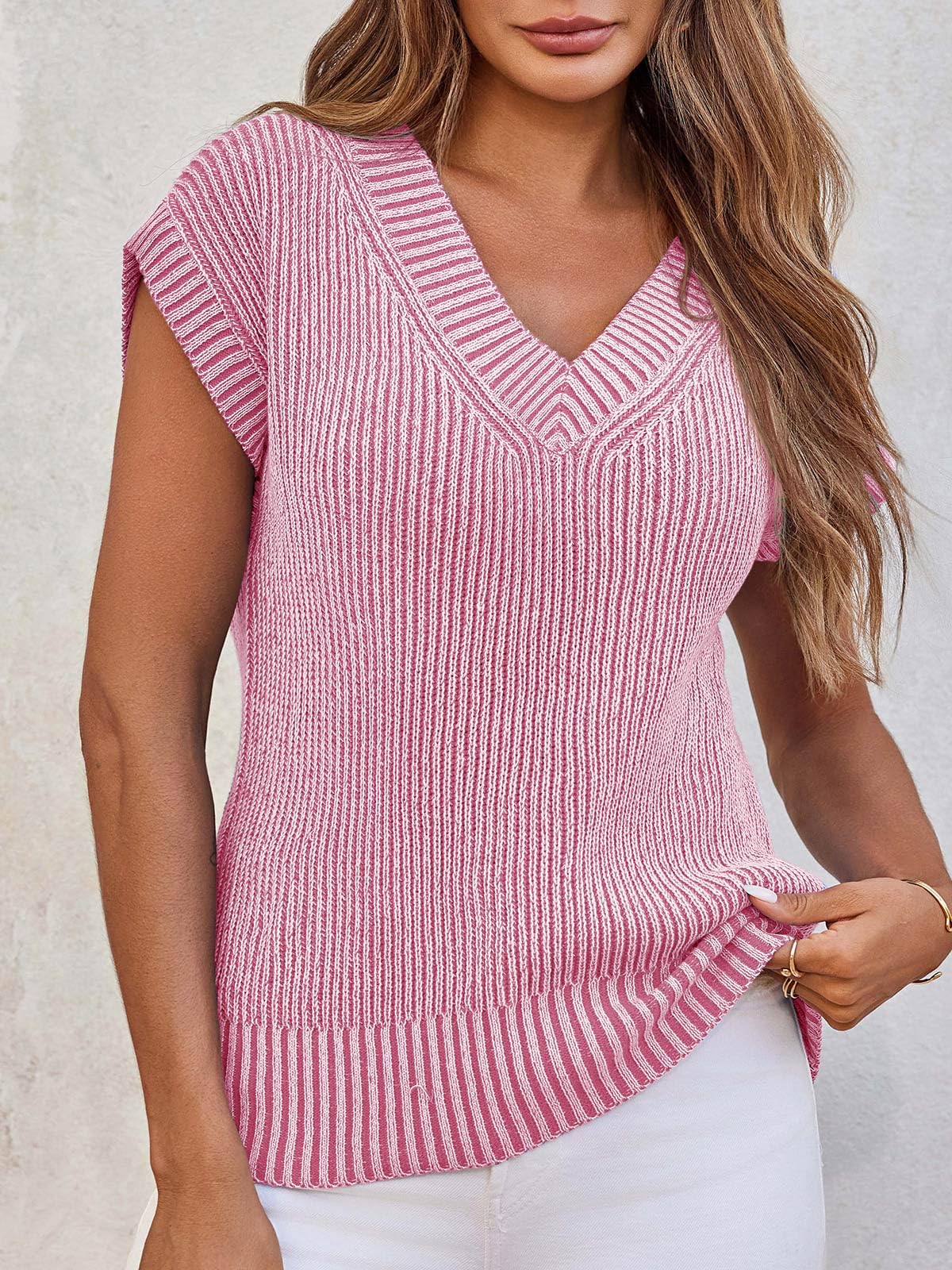 Foto 5 pulgar | Jersey Saodimallsu Con Cuello En V Y Manga Corta Para Mujer, Color Rosa - Venta Internacional.