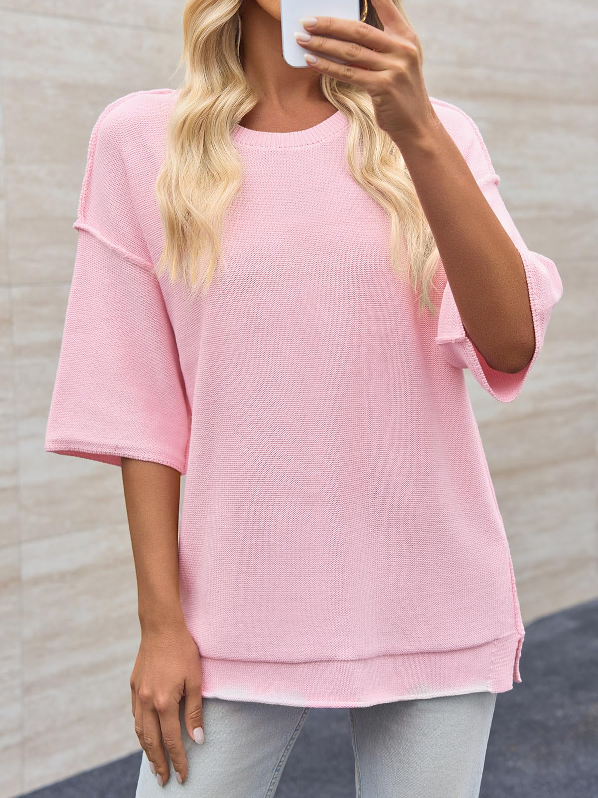 Foto 8 pulgar | Jersey Cicky Bell Para Mujer, Talla Extragrande, Manga 3/4, Tejido Rosa - Venta Internacional.