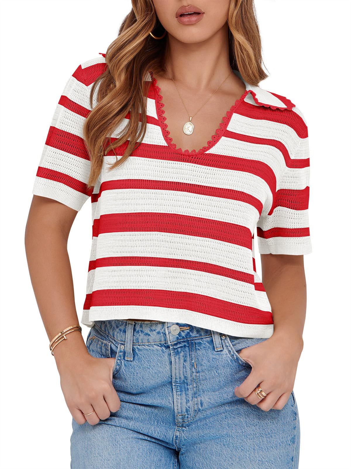Foto 1 | Suéter Saodimallsu De Verano A Rayas Recortadas Para Mujer - Venta Internacional.