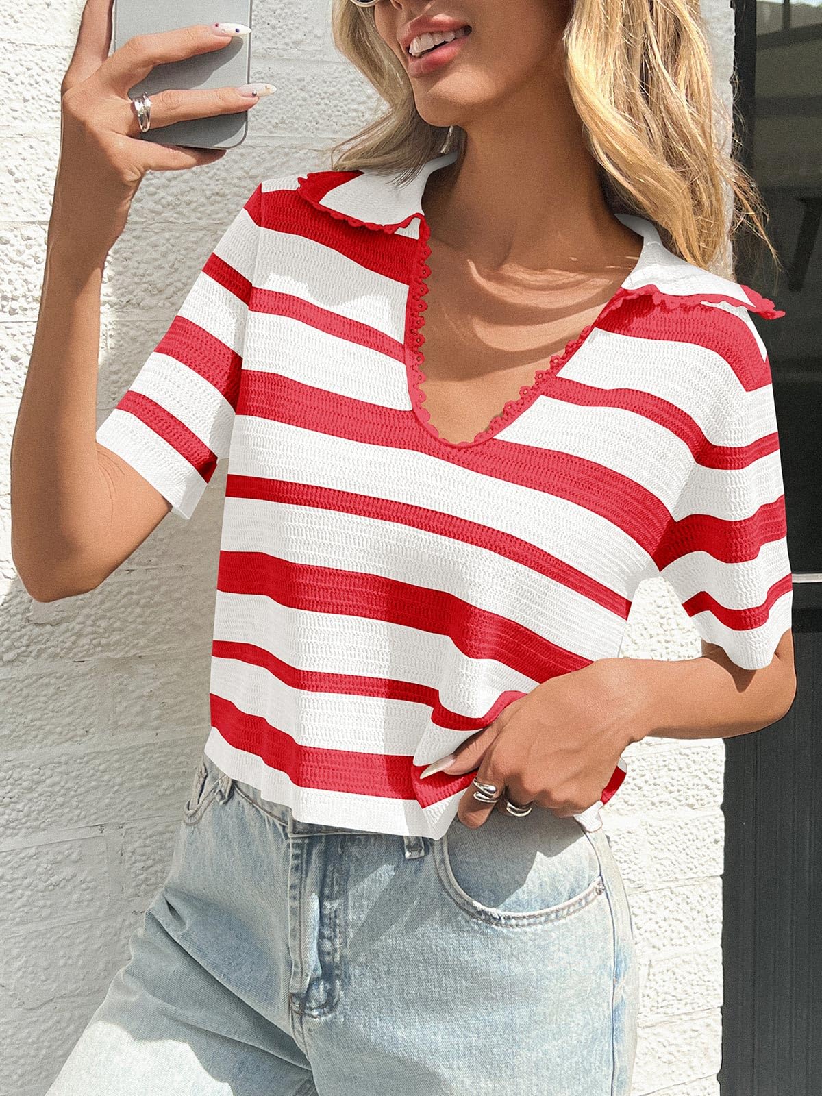 Foto 4 pulgar | Suéter Saodimallsu De Verano A Rayas Recortadas Para Mujer - Venta Internacional.