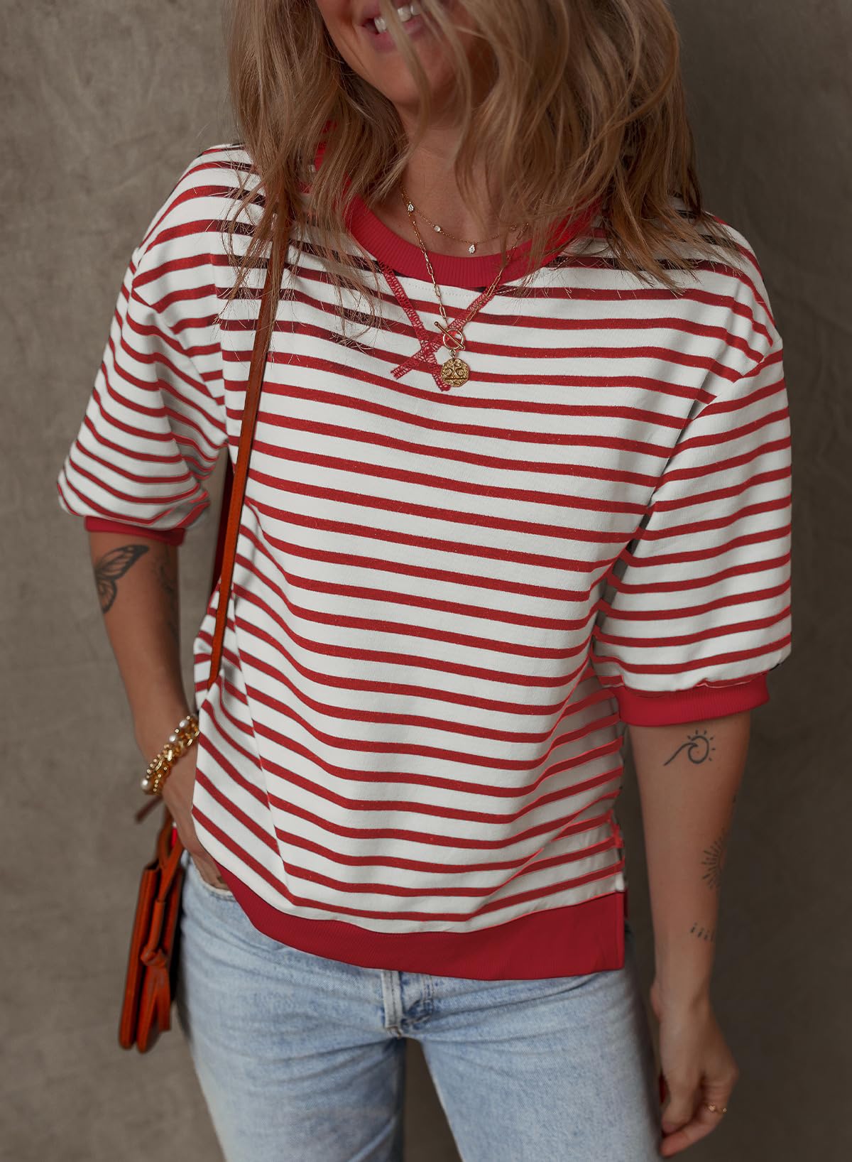 Foto 3 pulgar | Jersey Dokotoo Knit Para Mujer Con Cuello Redondo Y Mangas 3/4, Color Marrón - Venta Internacional.