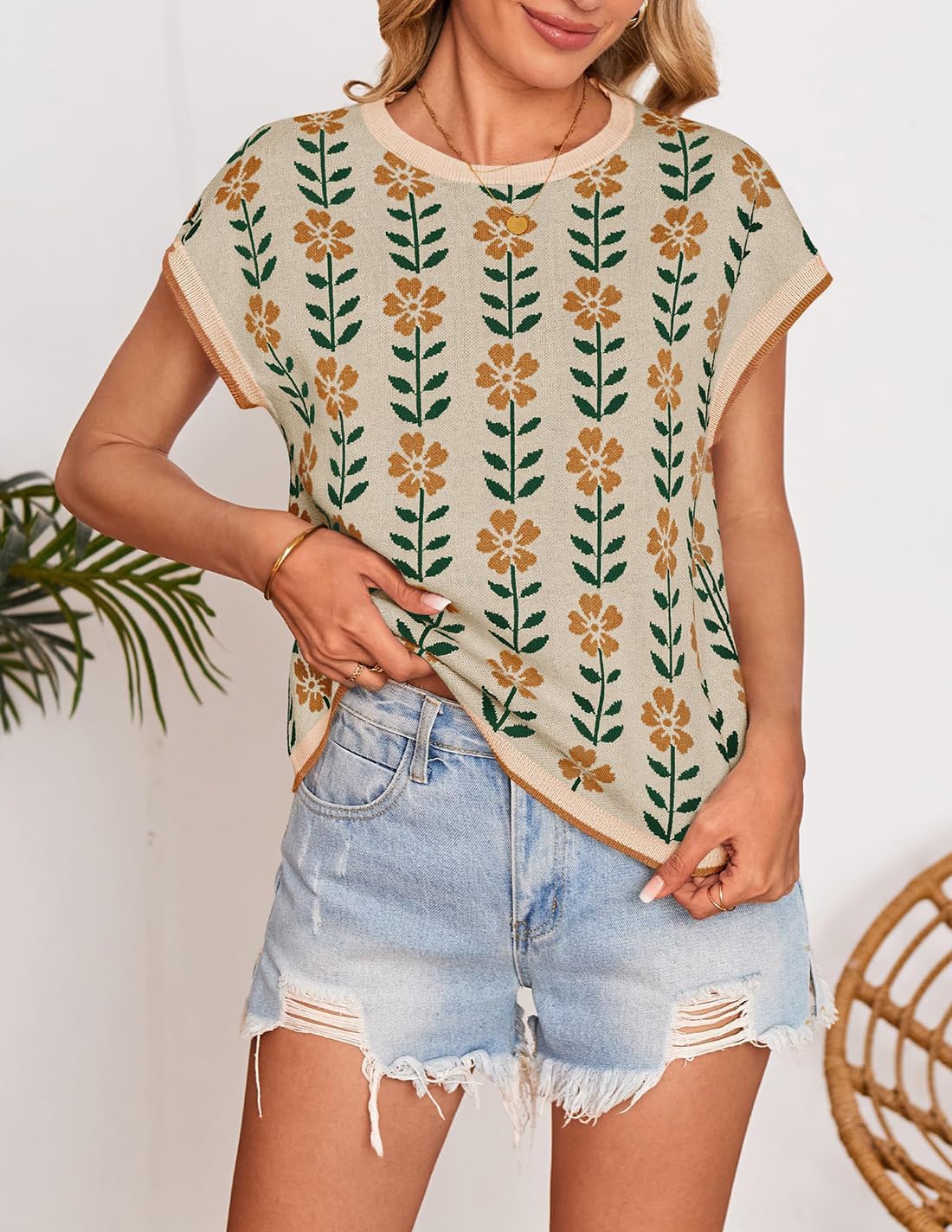 Foto 4 pulgar | Top Zesica Suéter De Manga Corta Con Estampado Casual De Verano Para Mujer - Venta Internacional.