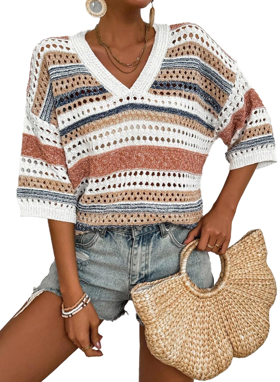 Jersey Acelit De Ganchillo Para Mujer, Manga Corta, Cuello En V, A Rayas - Venta Internacional.