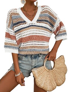 Foto 1 | Jersey Acelit De Ganchillo Para Mujer, Manga Corta, Cuello En V, A Rayas - Venta Internacional.