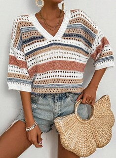 Foto 2 | Jersey Acelit De Ganchillo Para Mujer, Manga Corta, Cuello En V, A Rayas - Venta Internacional.