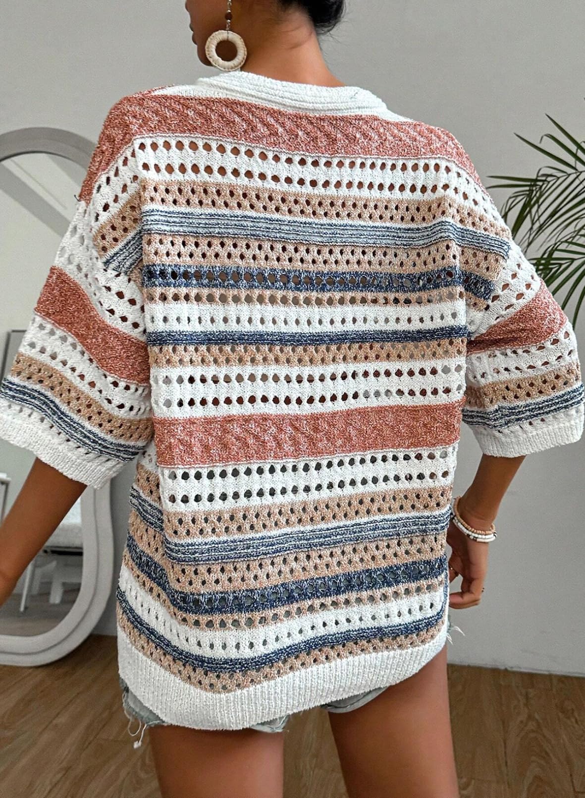 Foto 6 pulgar | Jersey Acelit De Ganchillo Para Mujer, Manga Corta, Cuello En V, A Rayas - Venta Internacional.
