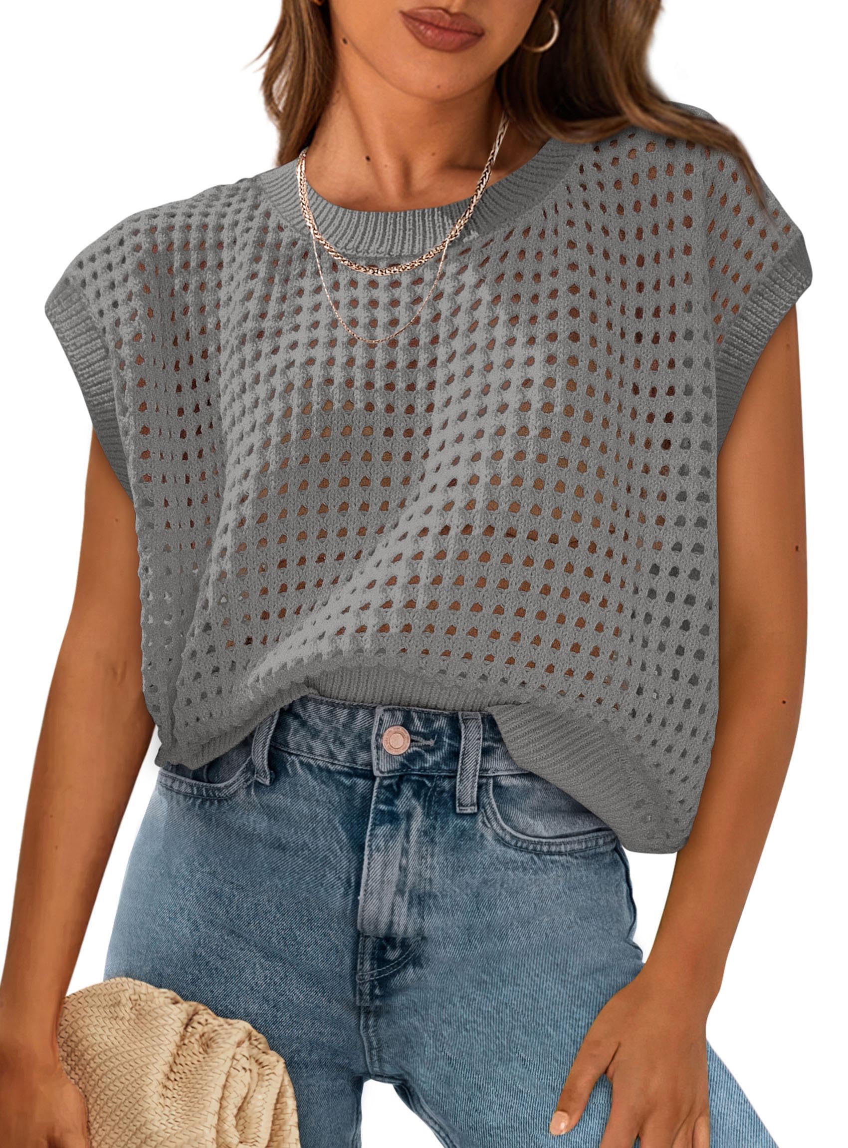 Foto 2 pulgar | Top Prettygarden - Jersey De Ganchillo Para Mujer, Primavera-verano, Color Gris - Venta Internacional.