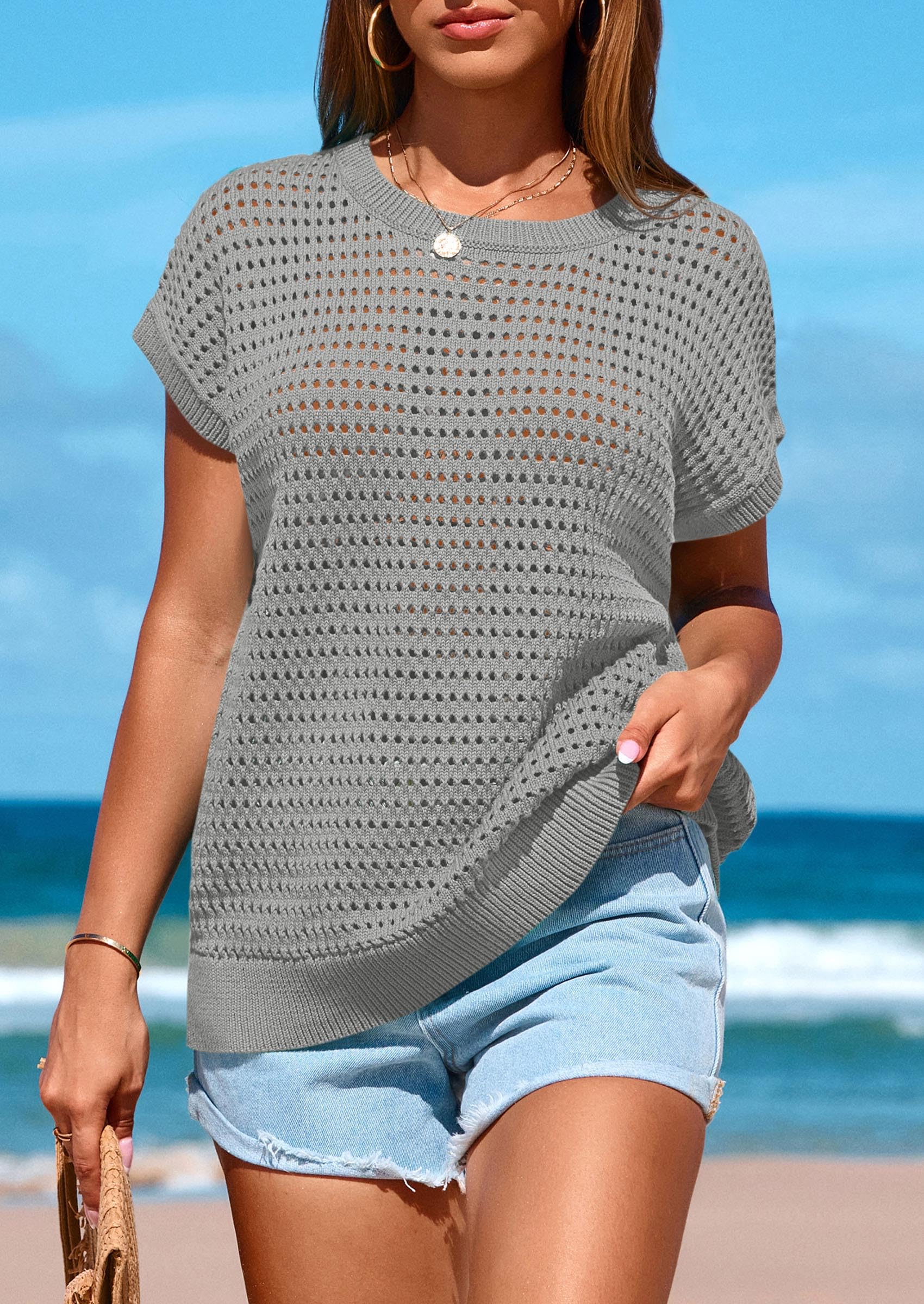 Foto 7 pulgar | Top Prettygarden - Jersey De Ganchillo Para Mujer, Primavera-verano, Color Gris - Venta Internacional.