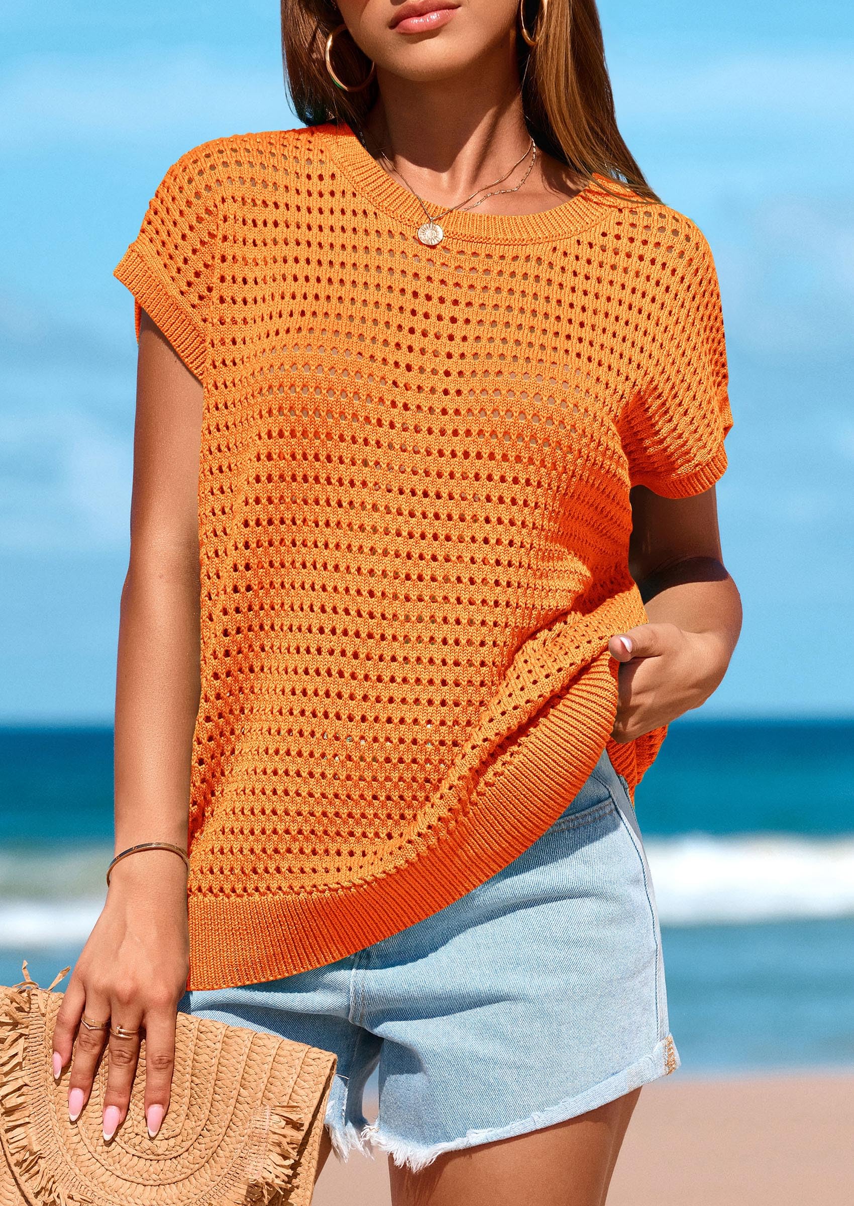 Foto 5 pulgar | Camiseta Prettygarden Para Mujer, Primavera-verano, Ganchillo, Naranja Y Algodón - Venta Internacional.