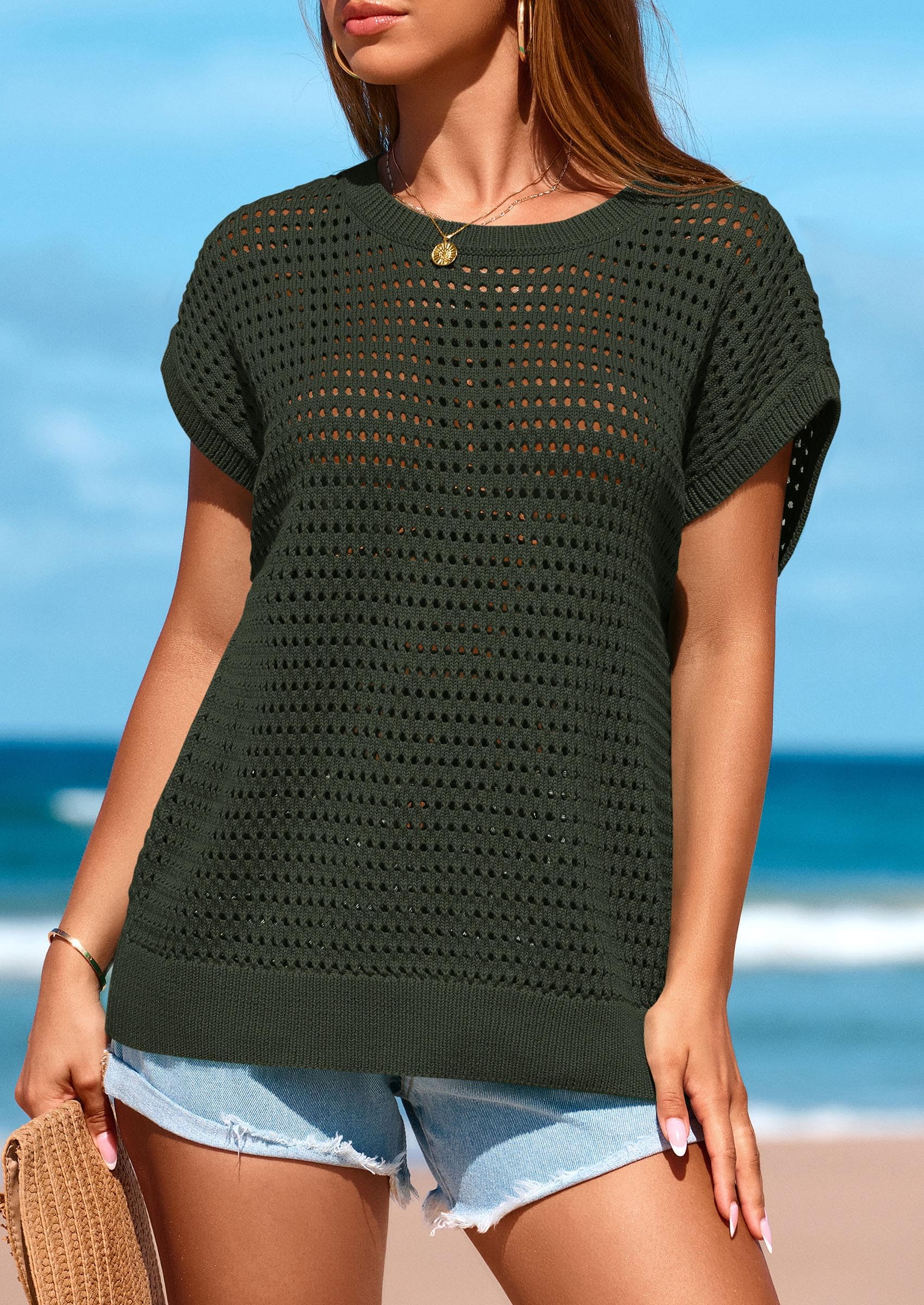 Foto 4 pulgar | Camiseta Prettygarden Para Mujer, Primavera-verano, Ganchillo, Color Verde Militar - Venta Internacional.