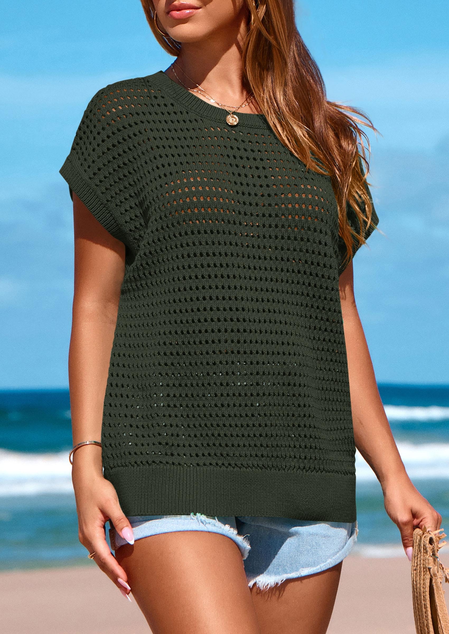 Foto 6 pulgar | Camiseta Prettygarden Para Mujer, Primavera-verano, Ganchillo, Color Verde Militar - Venta Internacional.