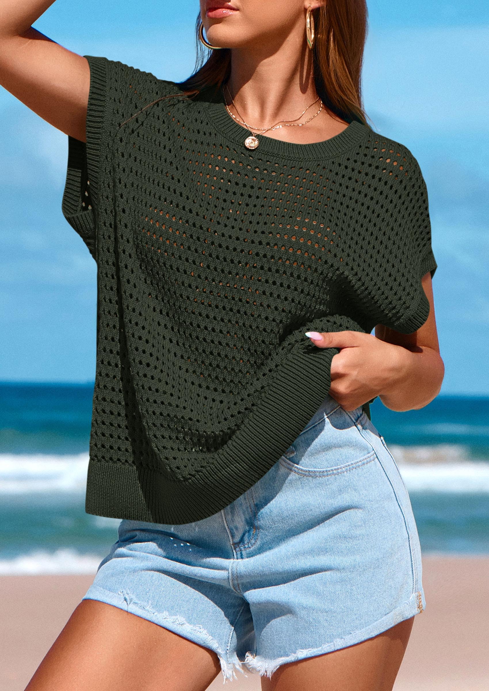 Foto 8 pulgar | Camiseta Prettygarden Para Mujer, Primavera-verano, Ganchillo, Color Verde Militar - Venta Internacional.