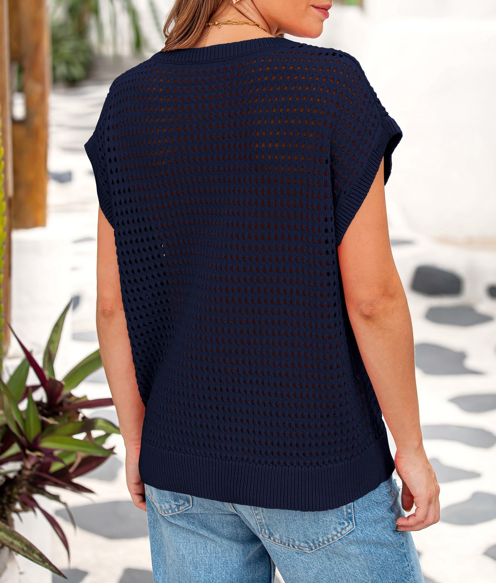 Foto 3 pulgar | Camiseta Prettygarden De Algodón Azul Marino Tejida A Ganchillo Para Mujer, Primavera Y Verano - Venta Internacional.