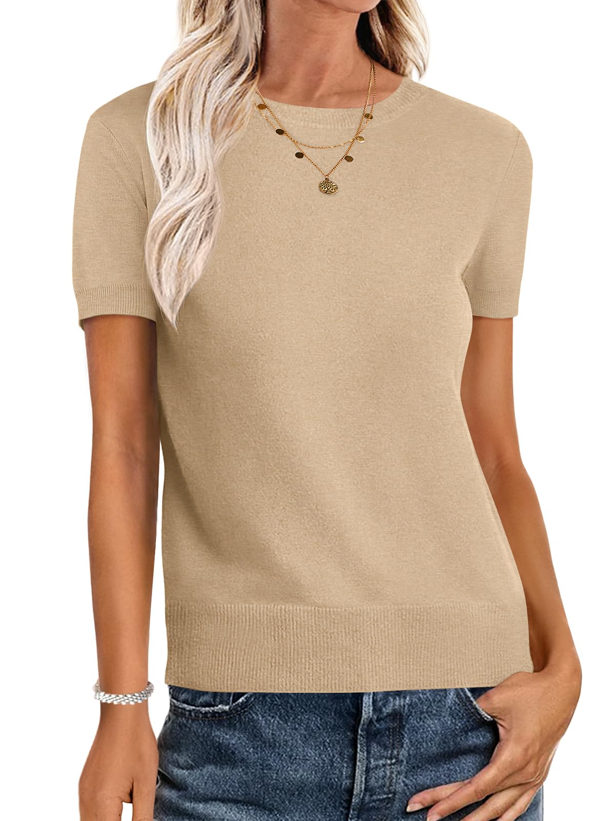 Foto 2 pulgar | Jersey Anrabess Para Mujer, Manga Corta, Mezcla De Lana, Color Caqui, Talla L - Venta Internacional.