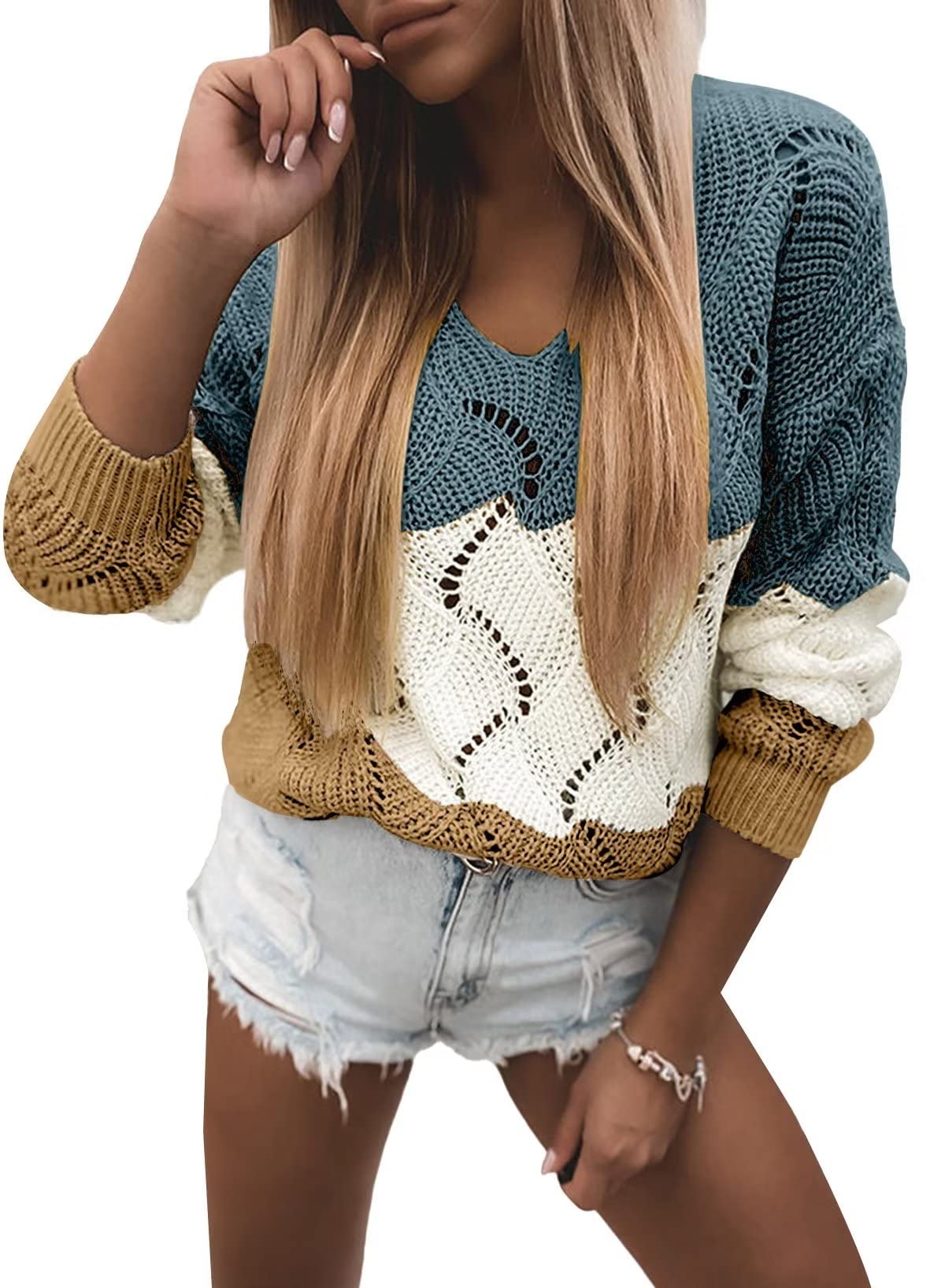 Foto 1 | Suéter Dokotoo Para Mujer, Cuello En V, Color Azul Bloque, Punto Holgado - Venta Internacional.
