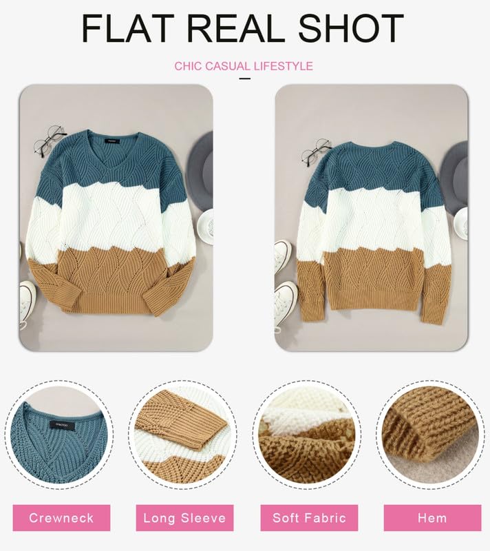 Foto 6 pulgar | Suéter Dokotoo Para Mujer, Cuello En V, Color Azul Bloque, Punto Holgado - Venta Internacional.