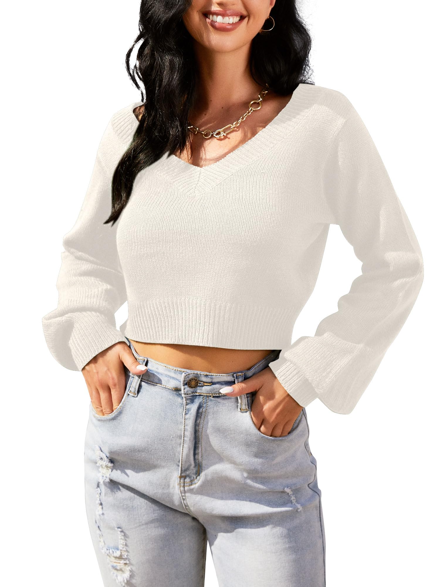 Foto 6 pulgar | Jersey Zaful Para Mujer Con Cuello En V Corto Y Manga Larga Blanco Xl - Venta Internacional.
