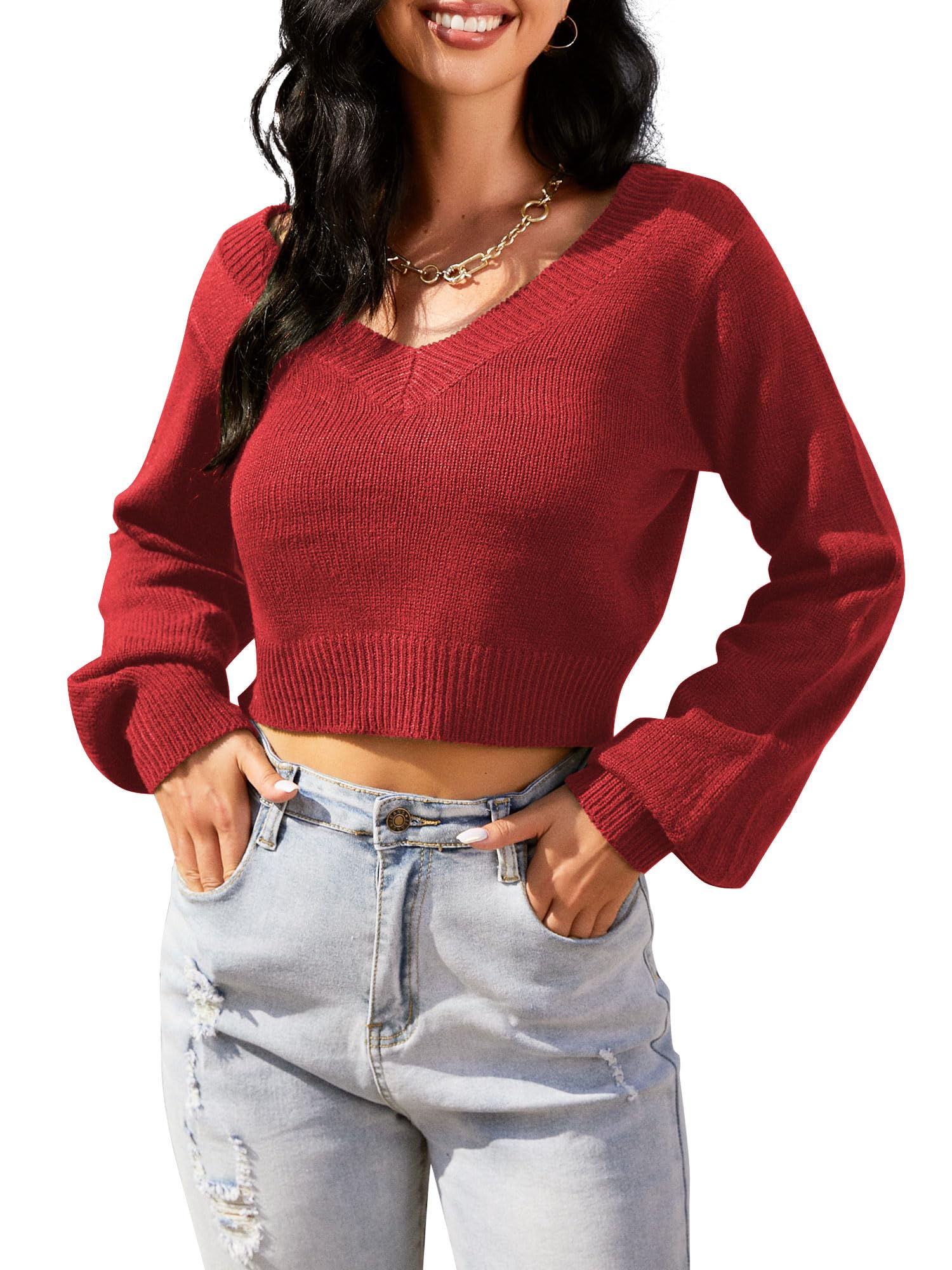 Foto 6 pulgar | Jersey Zaful Para Mujer Con Cuello En V Corto, Manga Larga, Rojo, Talla M - Venta Internacional.