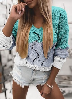 Foto 3 | Jersey Dokotoo Para Mujer, Cuello En V, Color Block, Tejido Trenzado, Verde, Xl - Venta Internacional.