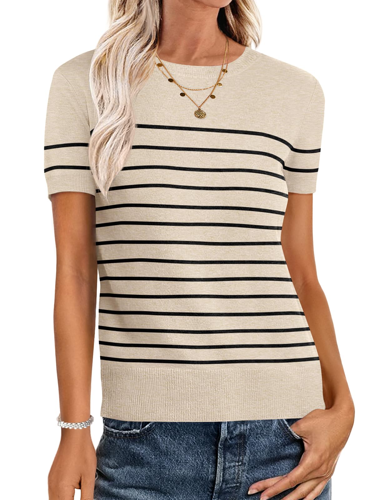 Foto 2 pulgar | Jersey Anrabess Para Mujer, Manga Corta, Mezcla De Lana, Color Beige, Talla M - Venta Internacional.