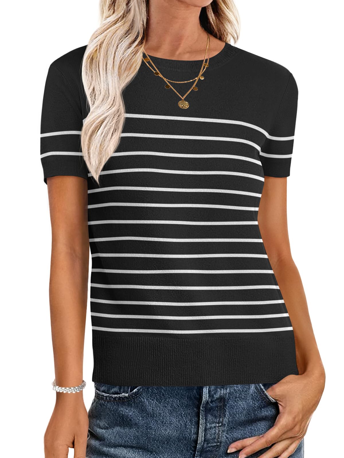Jersey Anrabess Para Mujer, Manga Corta, Mezcla De Lana, Negro Y Blanco - Venta Internacional.