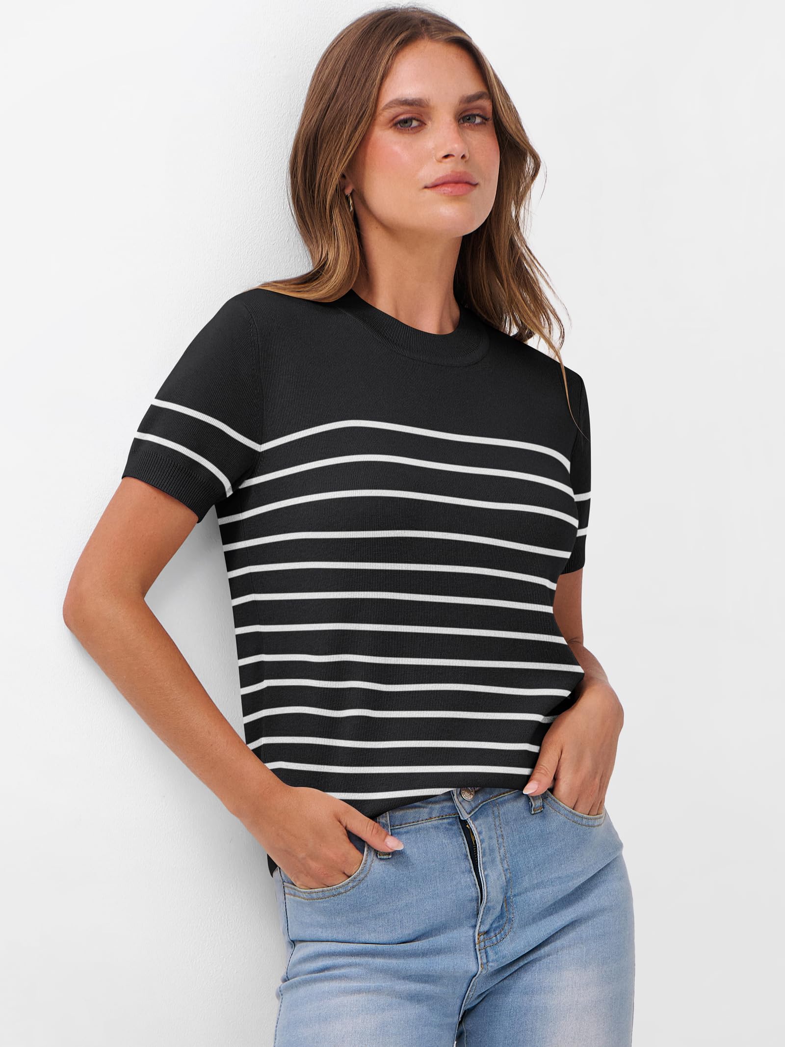 Foto 5 pulgar | Jersey Anrabess Para Mujer, Manga Corta, Mezcla De Lana, Negro Y Blanco - Venta Internacional.
