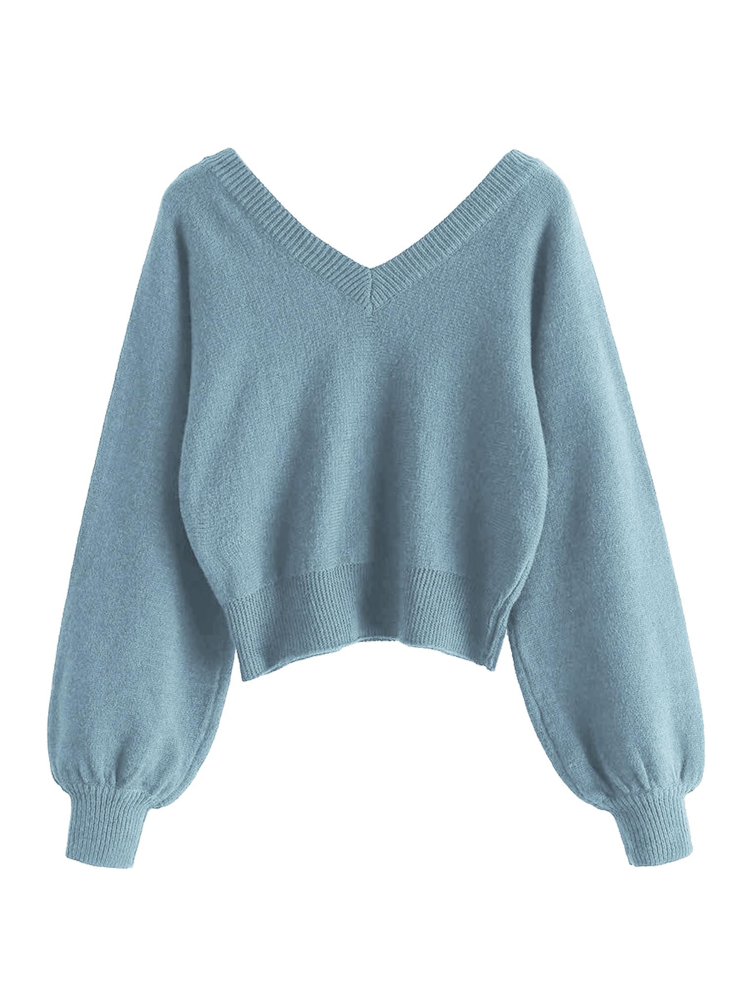 Foto 3 pulgar | Jersey Corto Zaful Con Cuello En V De Manga Larga Para Mujeres - Azul - Venta Internacional.