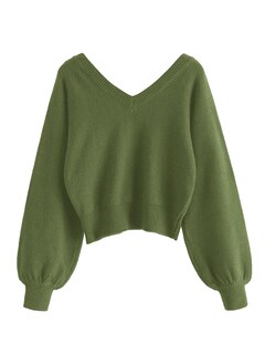 Foto 2 | Jersey Zaful Para Mujer Con Cuello En V Corto Y Manga Larga, Color Verde Claro - Venta Internacional.