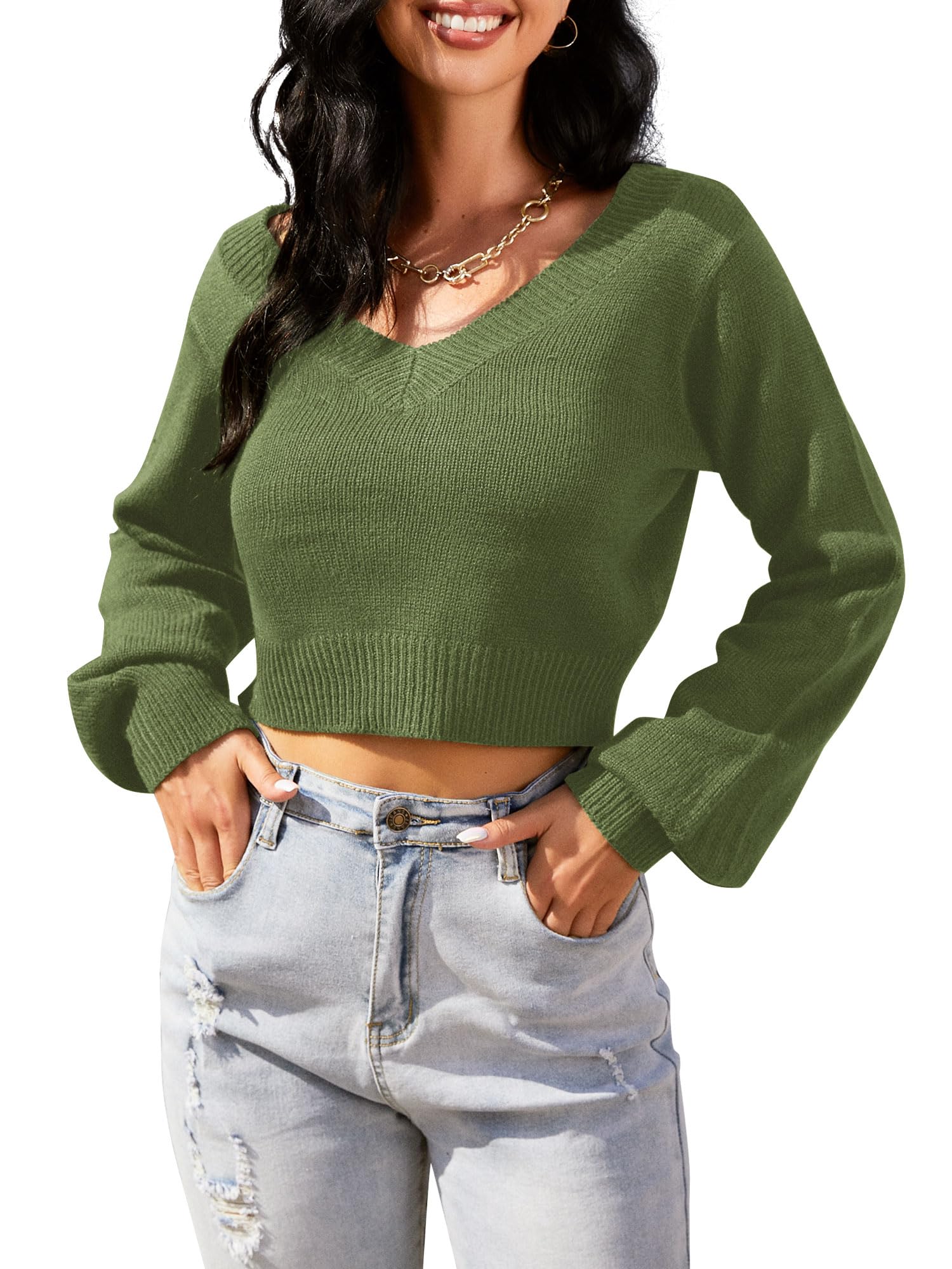 Foto 6 pulgar | Jersey Zaful Para Mujer Con Cuello En V Corto Y Manga Larga, Color Verde Claro - Venta Internacional.
