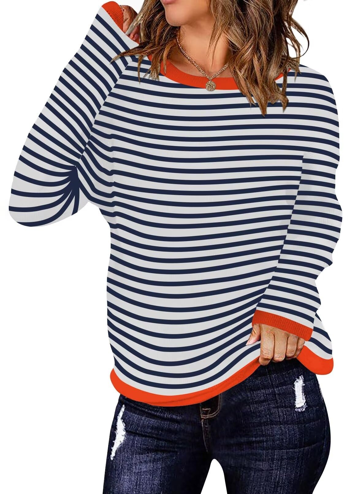 Foto 1 | Jersey Qacohu A Rayas Para Mujer, Otoño 2024, Casual, Holgado, Azul Marino, L - Venta Internacional.