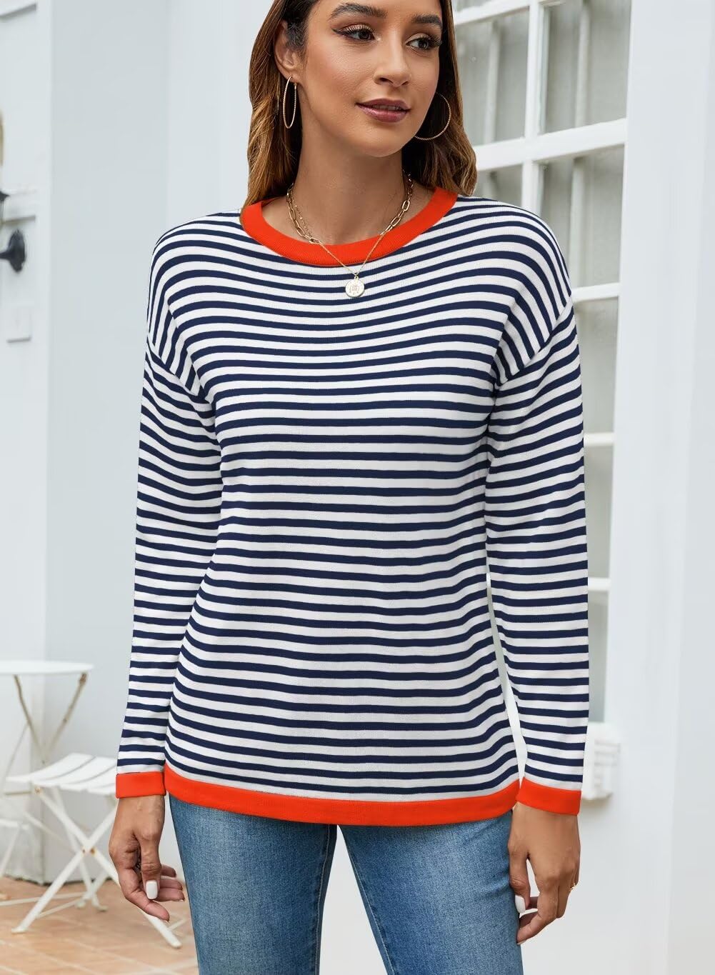 Foto 2 | Jersey Qacohu A Rayas Para Mujer, Otoño 2024, Casual, Holgado, Azul Marino, L - Venta Internacional.