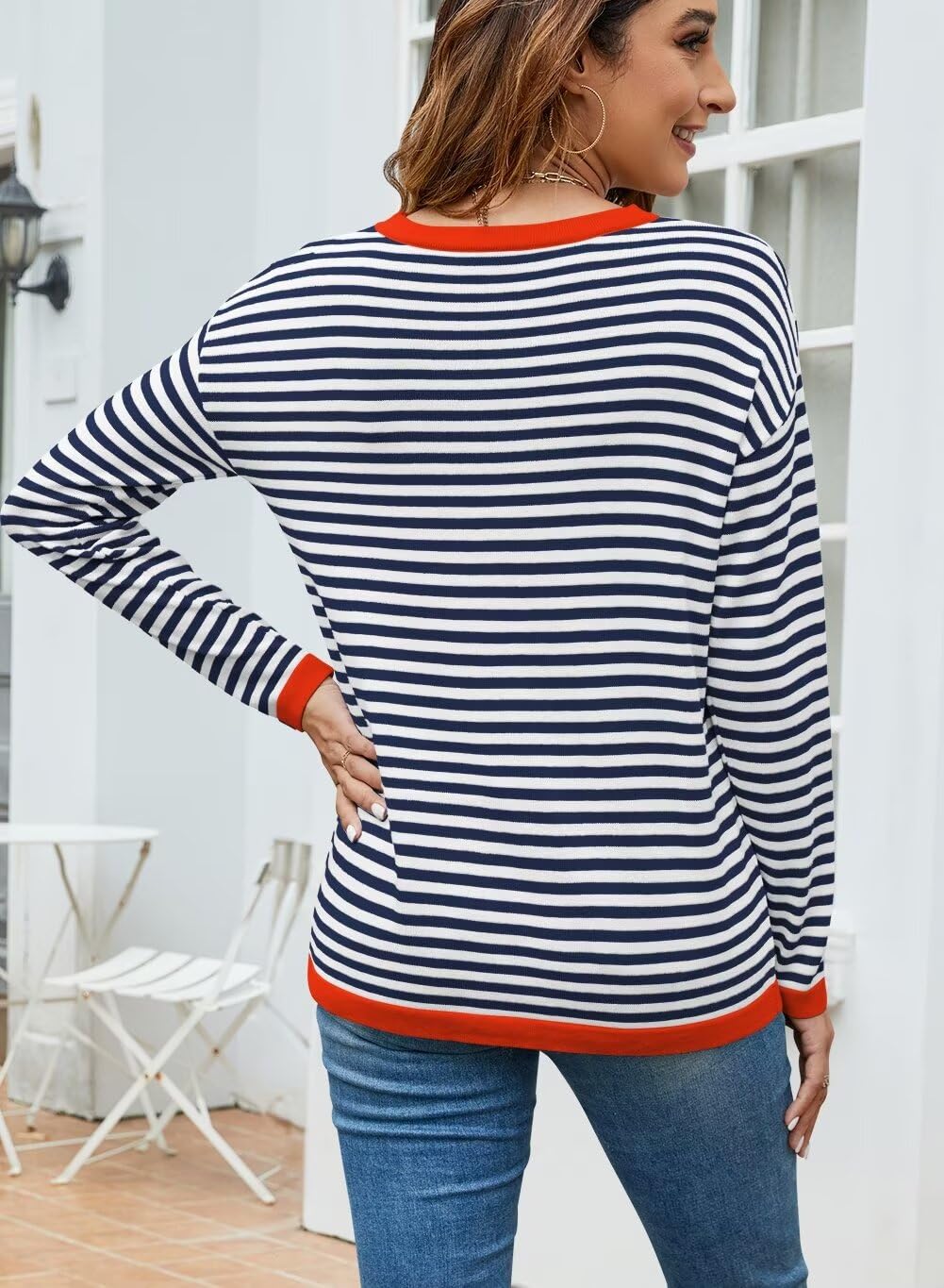 Foto 4 | Jersey Qacohu A Rayas Para Mujer, Otoño 2024, Casual, Holgado, Azul Marino, L - Venta Internacional.