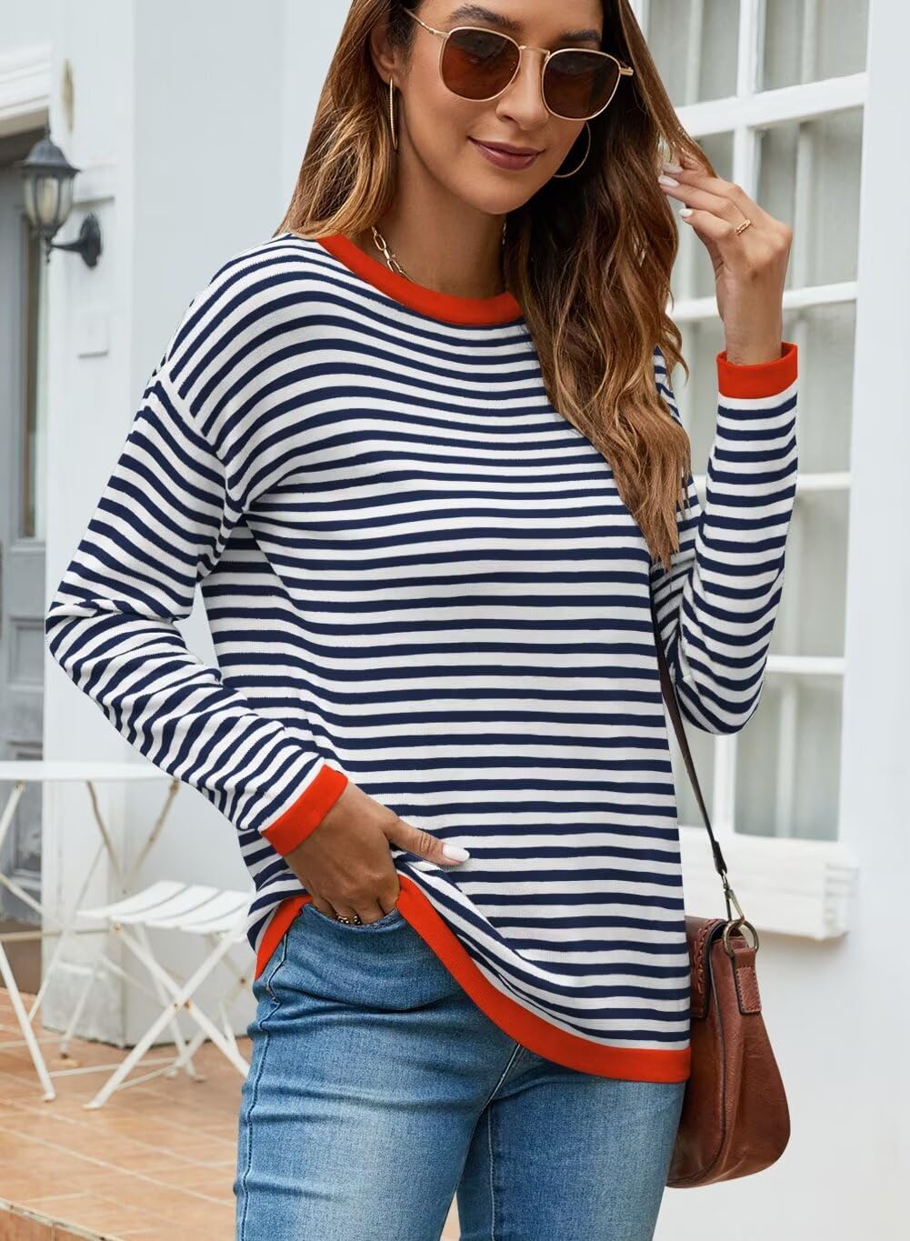 Foto 6 | Jersey Qacohu A Rayas Para Mujer, Otoño 2024, Casual, Holgado, Azul Marino, L - Venta Internacional.
