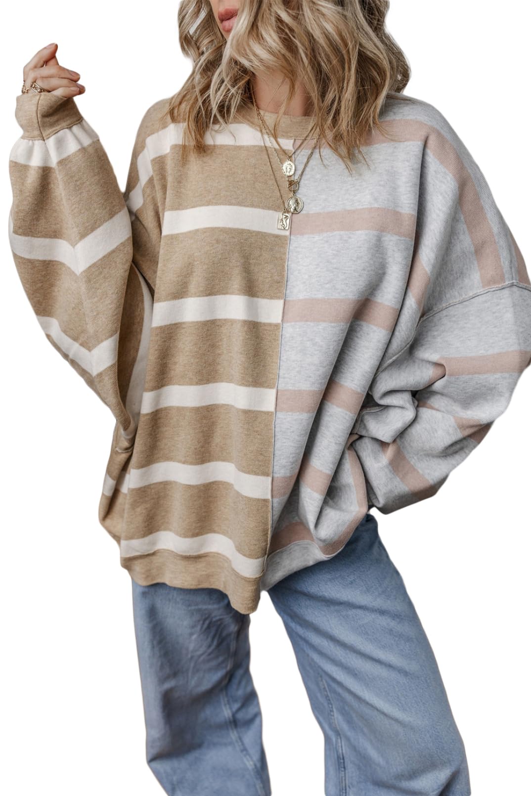 Foto 1 | Jersey Evaless Para Mujer, Otoño 2024, Tejido A Rayas, Holgado, Caqui - Venta Internacional.